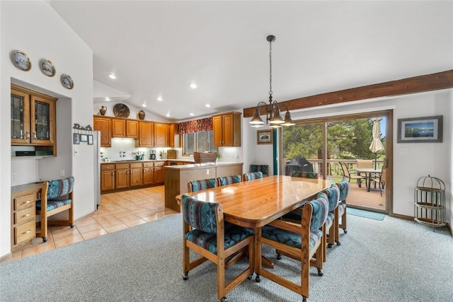 50 Lichen Ln, Keystone, CO 80435 - dining room with recessed lighting, lofted ceiling, light tile patterned floors, a chandelier, and baseboards