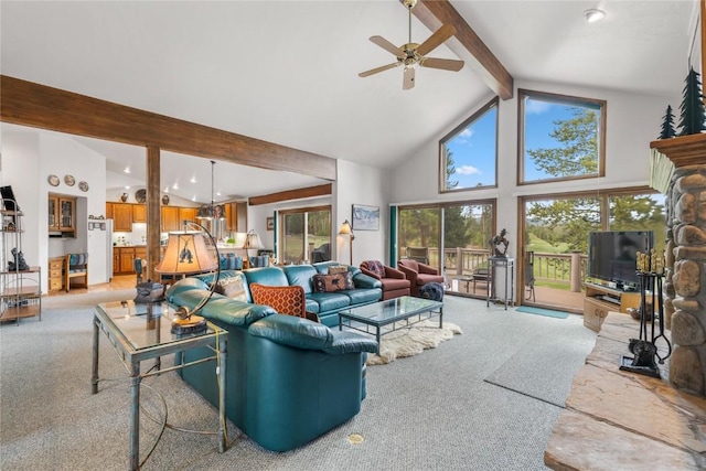 50 Lichen Ln, Keystone, CO 80435 - living area with light colored carpet, beamed ceiling, high vaulted ceiling, ceiling fan, and recessed lighting