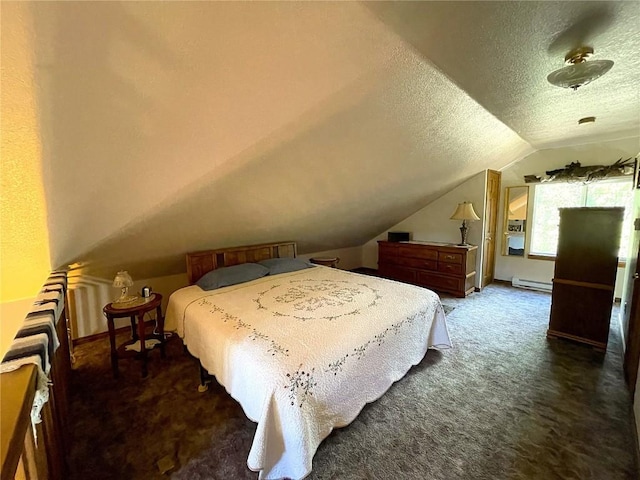 bedroom featuring baseboard heating, vaulted ceiling, a textured ceiling, baseboards, and carpet flooring