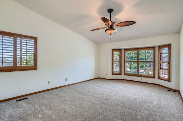 20596 E Shefield Ct, Parker, CO 80138 - carpeted spare room featuring healthy amount of natural light, a textured ceiling, a ceiling fan, and lofted ceiling
