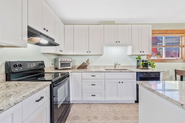 23800 County Road 16 Unit 204, Oak Creek, CO 80467 - kitchen featuring under cabinet range hood, black appliances, a sink, and white cabinets