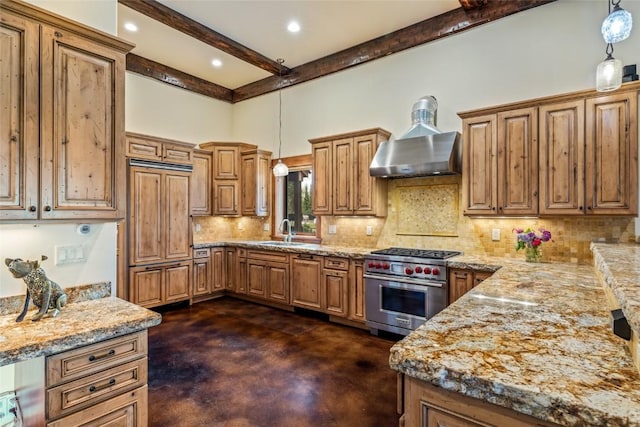 24100 Cottonwood Rd N, Clark, CO 80428 - kitchen with high quality appliances, concrete flooring, a sink, wall chimney range hood, and brown cabinetry