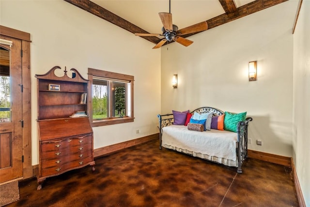 24100 Cottonwood Rd N, Clark, CO 80428 - bedroom with baseboards, multiple windows, beamed ceiling, and concrete floors