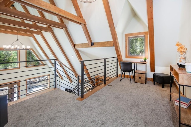 297 Robertson Ln, Breckenridge, CO 80424 - carpeted home office with a chandelier, beamed ceiling, and high vaulted ceiling