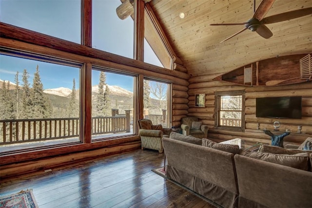 living area with hardwood / wood-style floors, a ceiling fan, wooden ceiling, log walls, and high vaulted ceiling