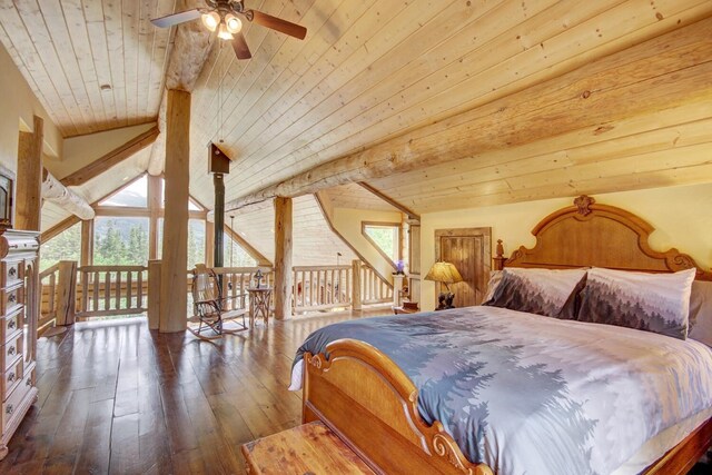bedroom with wooden ceiling, vaulted ceiling with beams, and hardwood / wood-style floors