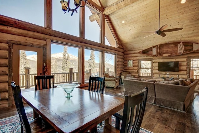 dining area featuring high vaulted ceiling, hardwood / wood-style floors, ceiling fan with notable chandelier, rustic walls, and wood ceiling