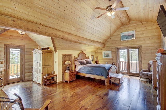 bedroom with access to exterior, hardwood / wood-style flooring, lofted ceiling with beams, and wood ceiling