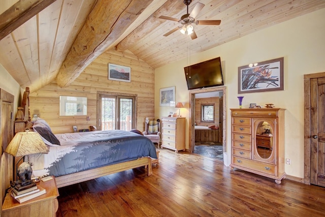 bedroom featuring log walls, vaulted ceiling with beams, wooden ceiling, and hardwood / wood-style flooring