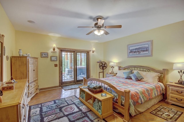 bedroom with ceiling fan, baseboards, access to exterior, and light tile patterned floors