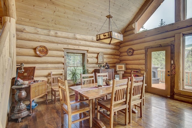dining area with hardwood / wood-style flooring, wooden ceiling, and a healthy amount of sunlight