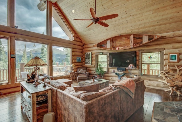living area with log walls, wooden ceiling, high vaulted ceiling, and a healthy amount of sunlight