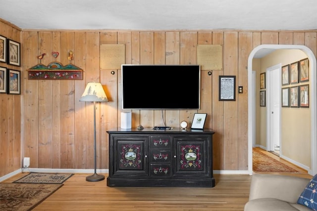820 Yahmonite St, Steamboat Springs, CO 80487 - living room featuring wooden walls, wood finished floors, baseboards, and arched walkways