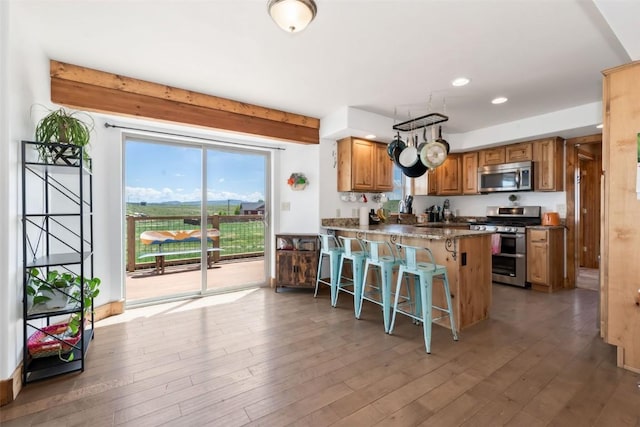 336 Starlite Ln, Hayden, CO 81639 - kitchen with stainless steel appliances, a breakfast bar area, a peninsula, healthy amount of natural light, and recessed lighting