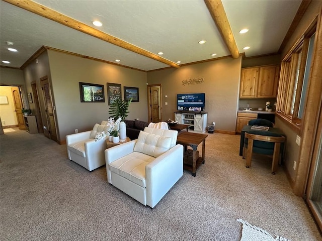 368 Black Hawk Cir, Silverthorne, CO 80498 - living area with recessed lighting, light carpet, ornamental molding, and beamed ceiling