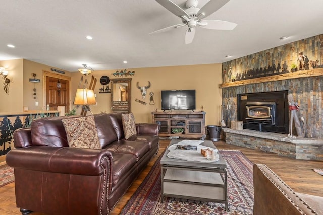 1720 Ranch Rd Unit 301, Steamboat Springs, CO 80487 - living area featuring wood finished floors, a ceiling fan, and recessed lighting