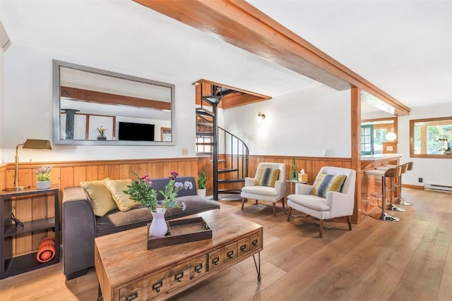 211 W Oak St, Oak Creek, CO 80467 - living area with light wood-type flooring, a wainscoted wall, wooden walls, and baseboard heating