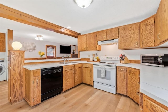 211 W Oak St, Oak Creek, CO 80467 - kitchen featuring black dishwasher, white electric stove, stainless steel microwave, under cabinet range hood, and light wood-type flooring