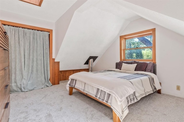 211 W Oak St, Oak Creek, CO 80467 - carpeted bedroom featuring lofted ceiling and wood walls