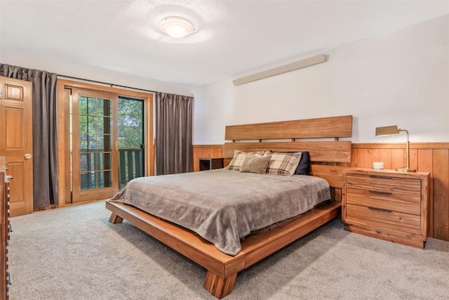 211 W Oak St, Oak Creek, CO 80467 - carpeted bedroom featuring wainscoting, access to exterior, and wood walls