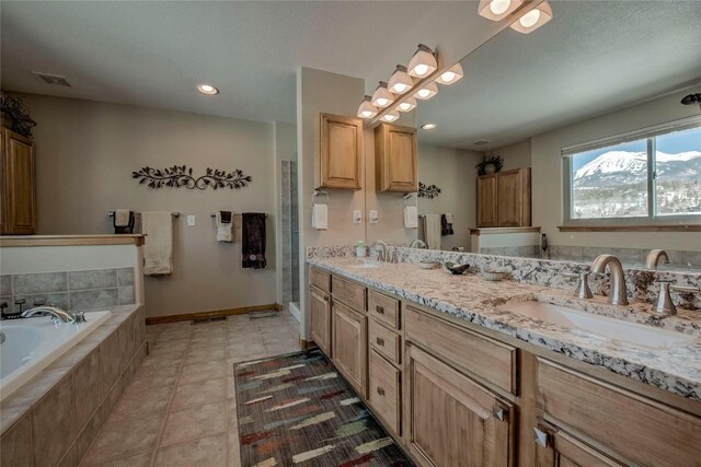 131 Allegra Ln Unit 131, Silverthorne, CO 80498 - bathroom featuring a bath, double vanity, tile patterned floors, baseboards, and recessed lighting