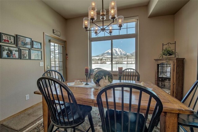 131 Allegra Ln Unit 131, Silverthorne, CO 80498 - dining room featuring a mountain view, a chandelier, and baseboards