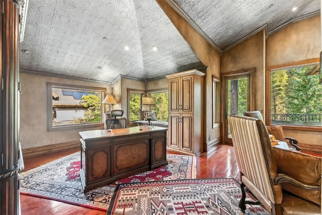 165 River Park Dr, Breckenridge, CO 80424 - home office featuring an ornate ceiling, wood finished floors, ornamental molding, and vaulted ceiling