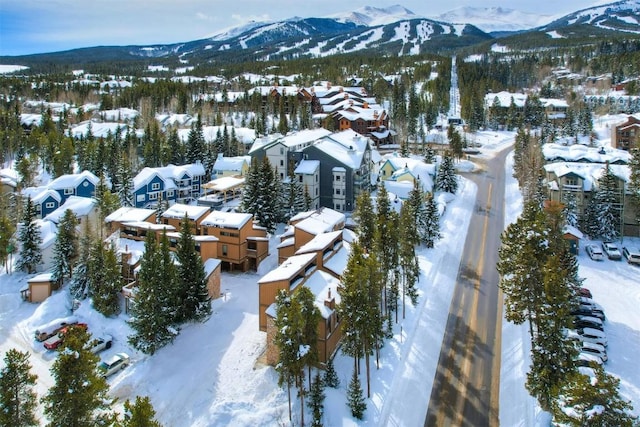 snowy aerial view featuring a mountain view and a residential view