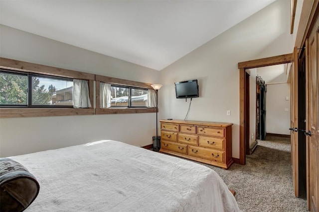 carpeted bedroom with lofted ceiling