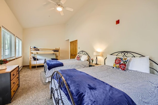 231 Creekside Dr Unit 102, Frisco, CO 80443 - bedroom featuring carpet floors, high vaulted ceiling, and ceiling fan