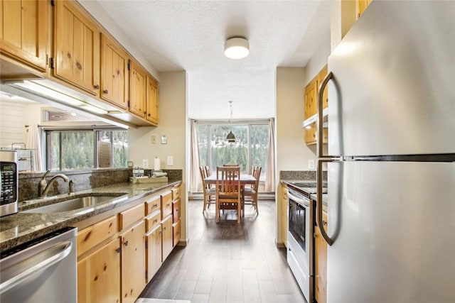 22320 US Highway 6 Unit 1762, Keystone, CO 80435 - kitchen with appliances with stainless steel finishes, a sink, dark wood finished floors, and dark stone counters
