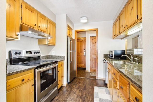 22320 US Highway 6 Unit 1762, Keystone, CO 80435 - kitchen with stainless steel appliances, under cabinet range hood, a sink, dark wood-type flooring, and dark stone counters