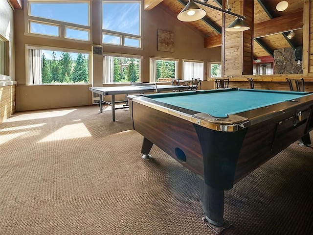 rec room featuring billiards, beamed ceiling, wood ceiling, carpet flooring, and high vaulted ceiling