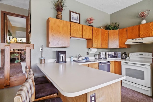 kitchen featuring a sink, stainless steel appliances, light countertops, a peninsula, and under cabinet range hood
