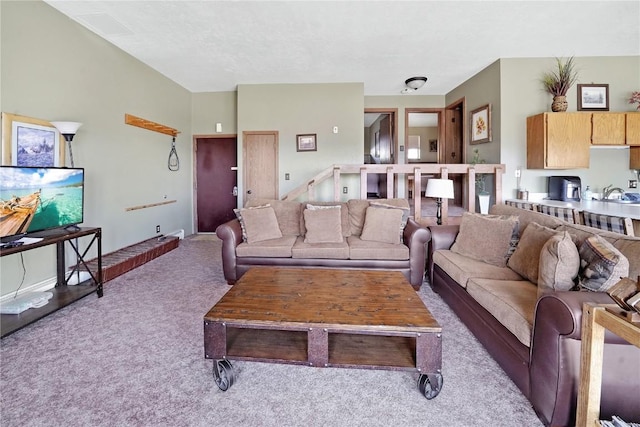 carpeted living room featuring a sink