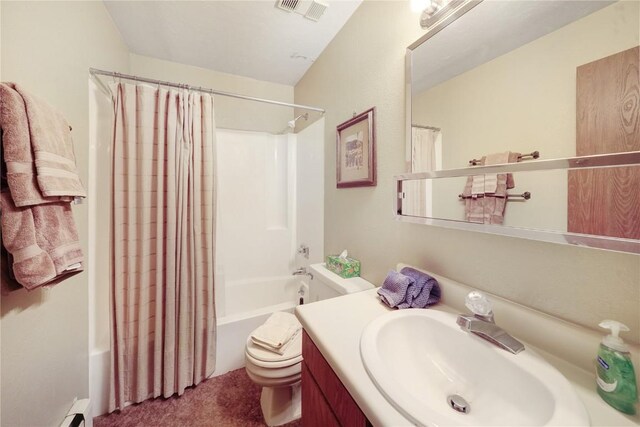 bathroom featuring a baseboard radiator, vanity, shower / tub combo with curtain, toilet, and visible vents