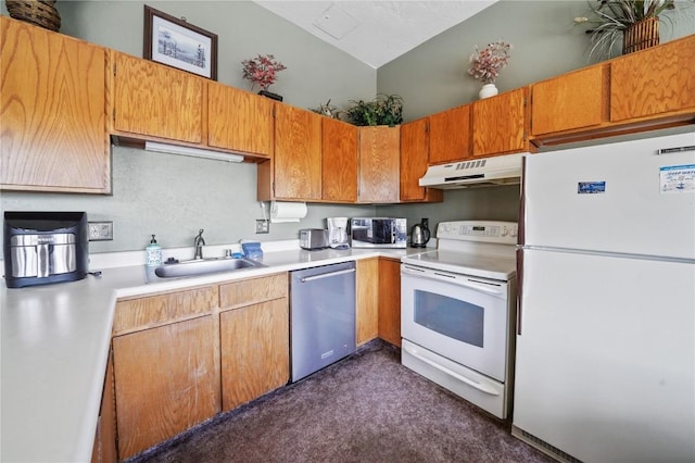 kitchen with under cabinet range hood, light countertops, dark colored carpet, a sink, and appliances with stainless steel finishes