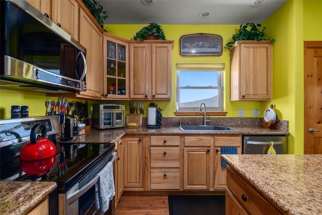 kitchen featuring appliances with stainless steel finishes, a sink, light wood-type flooring, a toaster, and glass insert cabinets