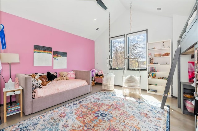 582 Laurel St, Steamboat Springs, CO 80487 - bedroom with high vaulted ceiling and wood finished floors