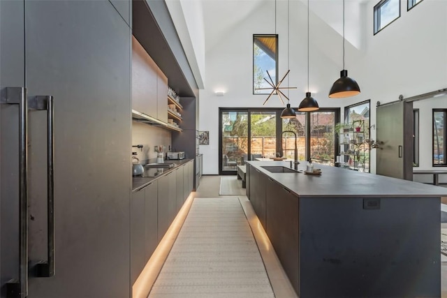 582 Laurel St, Steamboat Springs, CO 80487 - kitchen with modern cabinets, a sink, a high ceiling, an island with sink, and black electric stovetop