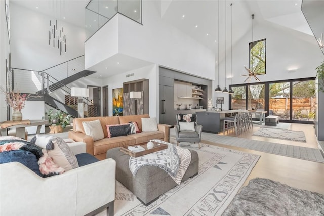 582 Laurel St, Steamboat Springs, CO 80487 - living room featuring high vaulted ceiling and recessed lighting