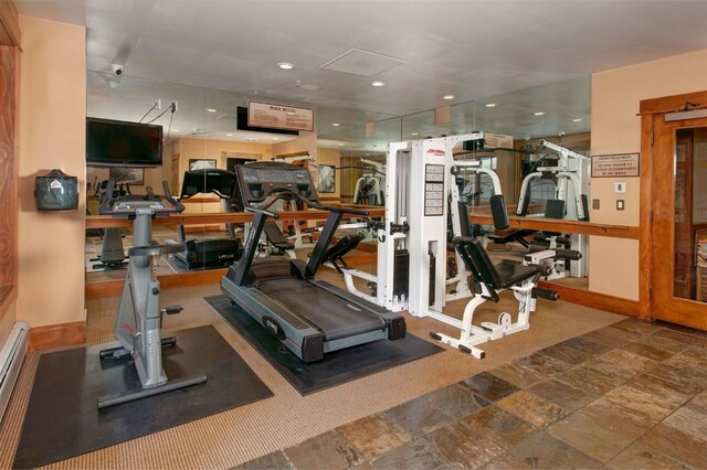 280 Trailhead Dr Unit 3037, Keystone, CO 80435 - exercise room with stone finish floor and recessed lighting