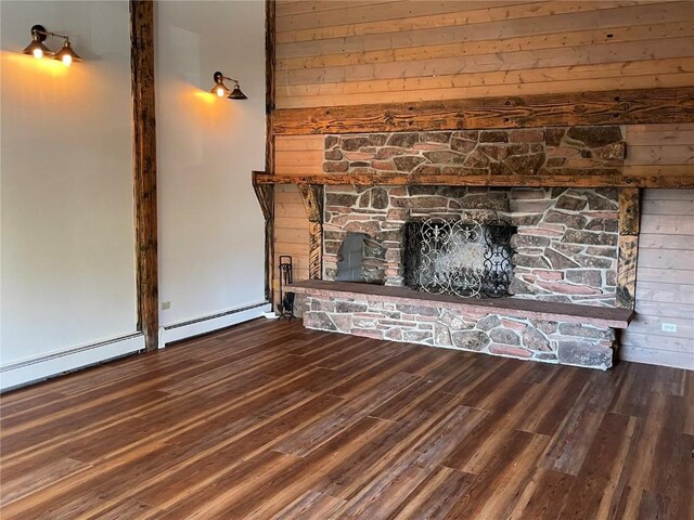 810 Broad St, Steamboat Springs, CO 80487 - detailed view of a stone fireplace, baseboard heating, wood finished floors, and wooden walls