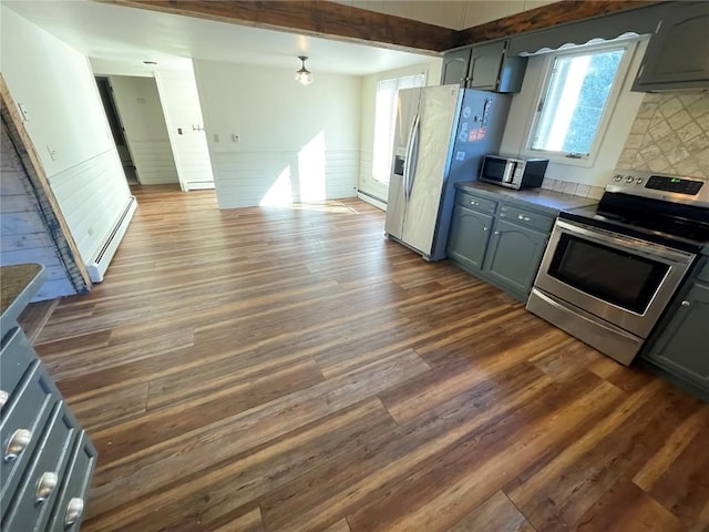 810 Broad St, Steamboat Springs, CO 80487 - kitchen featuring appliances with stainless steel finishes, dark wood-type flooring, a baseboard radiator, and decorative backsplash