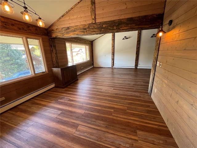 810 Broad St, Steamboat Springs, CO 80487 - spare room featuring vaulted ceiling, wooden walls, dark wood-style flooring, and a baseboard radiator