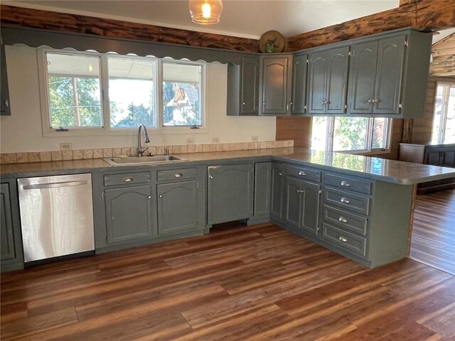 810 Broad St, Steamboat Springs, CO 80487 - kitchen featuring stainless steel dishwasher, a sink, a peninsula, and dark wood finished floors