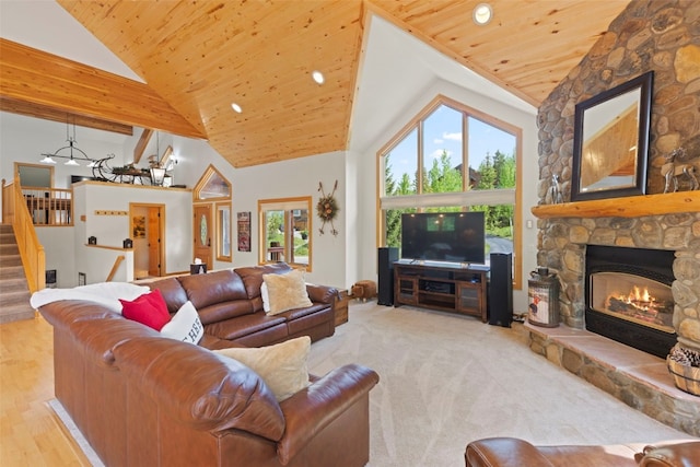 736 Wild Rose Rd, Silverthorne, CO 80498 - living area featuring stairway, a fireplace, wooden ceiling, high vaulted ceiling, and recessed lighting