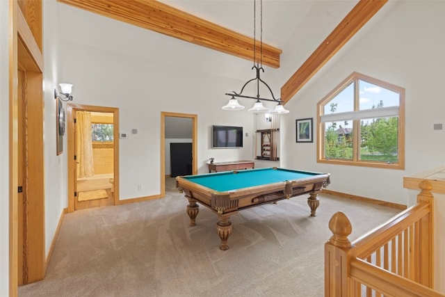 736 Wild Rose Rd, Silverthorne, CO 80498 - game room featuring beamed ceiling, carpet floors, pool table, and high vaulted ceiling