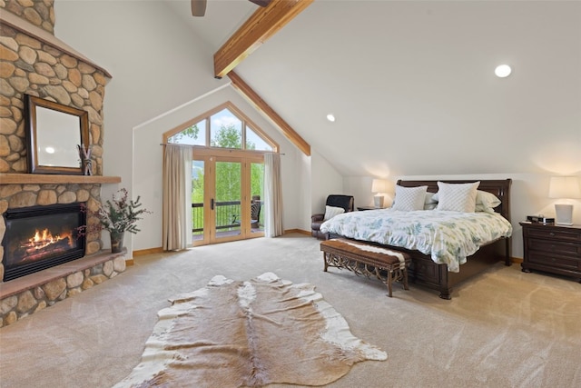 736 Wild Rose Rd, Silverthorne, CO 80498 - bedroom featuring lofted ceiling, access to outside, carpet, a fireplace, and ceiling fan