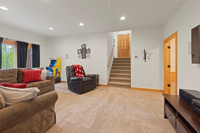 736 Wild Rose Rd, Silverthorne, CO 80498 - living area with recessed lighting, light carpet, and stairway